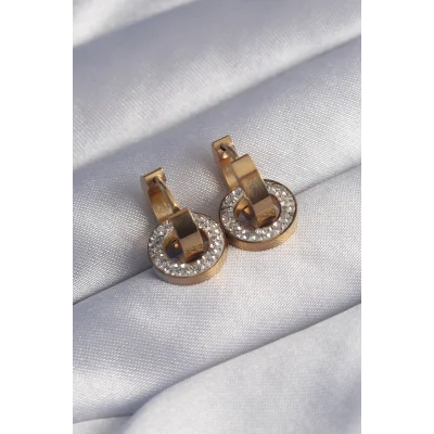 BUĞZ 316L Çelik Gold Renk Zirkon Taşlı İç İçe Geçmeli Oval Küpe - Lisinya