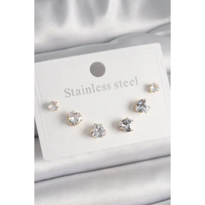 BUĞZ 316L Çelik Gold Renk Zirkon Taşlı Kalp Model Kadın Küpe Seti