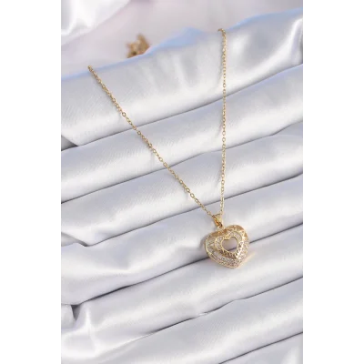 BUĞZ 316L Çelik Gold Renk Zirkon Taşlı Kalp Model Vintage Kadın Kolye - Lisinya