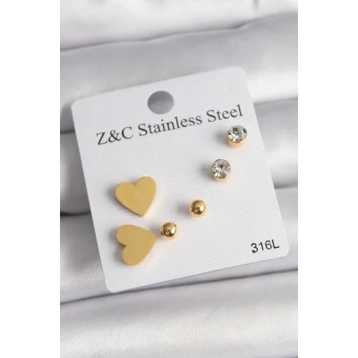 BUĞZ 316L Çelik Gold Renk Zirkon Taşlı Kalpli Kadın Küpe Seti