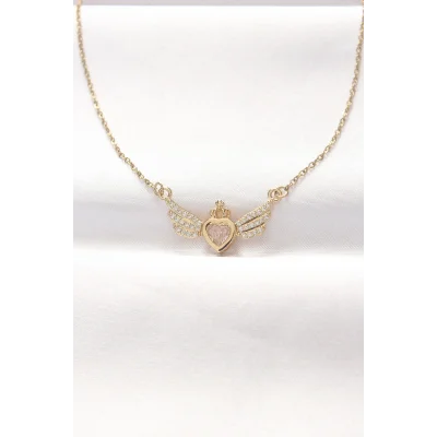 BUĞZ 316L Çelik Gold Renk Zirkon Taşlı Kalpli Kanat Kolye