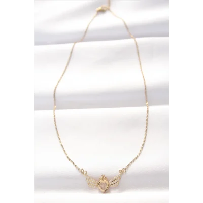 BUĞZ 316L Çelik Gold Renk Zirkon Taşlı Kalpli Kanat Kolye - Lisinya