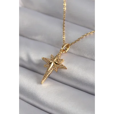 BUĞZ 316L Çelik Gold Renk Zirkon Taşlı Kutup Yıldızı Model Kadın Kolye