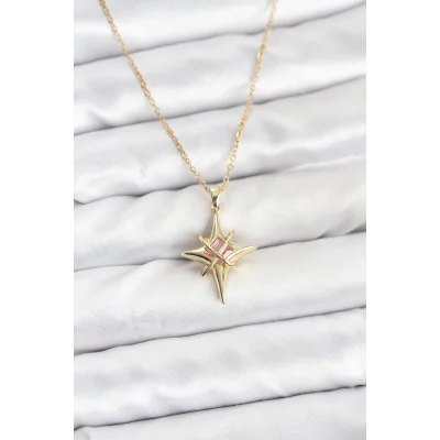 BUĞZ 316L Çelik Gold Renk Zirkon Taşlı Kutup Yıldızı Model Kadın Kolye - BUĞZ
