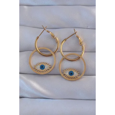 BUĞZ 316L Çelik Gold Renk Zirkon Taşlı Mavi Göz Tasarımlı Halka Küpe
