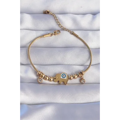 BUĞZ 316L Çelik Gold Renk Zirkon Taşlı Nazarlı Fil Tasarımlı Bileklik