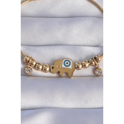 BUĞZ 316L Çelik Gold Renk Zirkon Taşlı Nazarlı Fil Tasarımlı Bileklik - Lisinya
