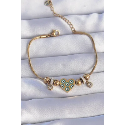 BUĞZ 316L Çelik Gold Renk Zirkon Taşlı Nazarlı Kalp Tasarımlı Bileklik