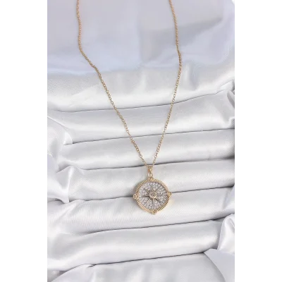 BUĞZ 316L Çelik Gold Renk Zirkon Taşlı Pusula Model Kadın Kolye - BUĞZ