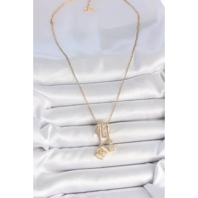 BUĞZ 316L Çelik Gold Renk Zirkon Taşlı Sallantı Fotoğraf Makinası Figür Charm Kadın Kolye - BUĞZ