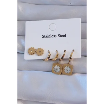 BUĞZ 316L Çelik Gold Renk Zirkon Taşlı Sedefli Papatya Model Halka Küpe Seti