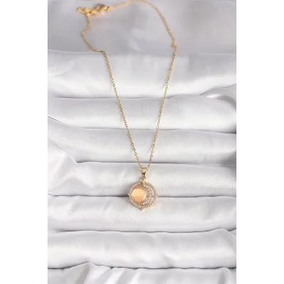 BUĞZ 316L Çelik Gold Renk Zirkon Taşlı Turuncu Sedefli Hilal Model Kadın Kolye - BUĞZ
