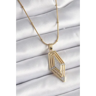 BUĞZ 316L Çelik Gold Renk Zirkon Taşlı Vintage Model Kadın Kolye