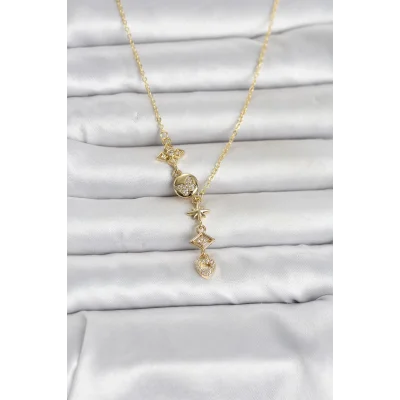 BUĞZ 316L Çelik Gold Renk Zirkon Taşlı Y Kadın Kolye