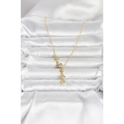 BUĞZ 316L Çelik Gold Renk Zirkon Taşlı Y Kadın Kolye - BUĞZ