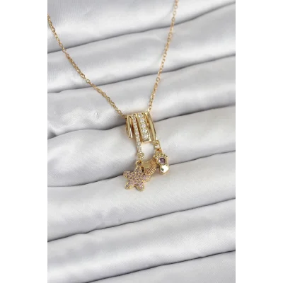 BUĞZ 316L Çelik Gold Zirkon Taşlı Deniz Tema Charmlı Kadın Kolye