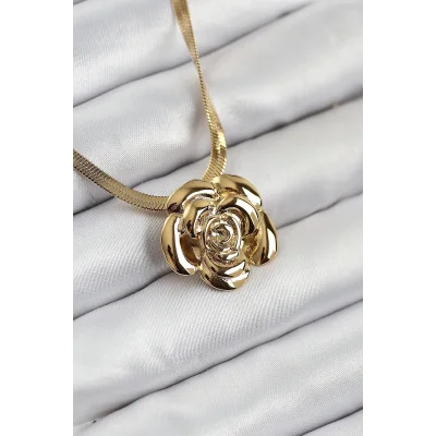 BUĞZ 316L Çelik Gül Figürlü İtalyan Zincir Model Gold Renk Kadın Kolye