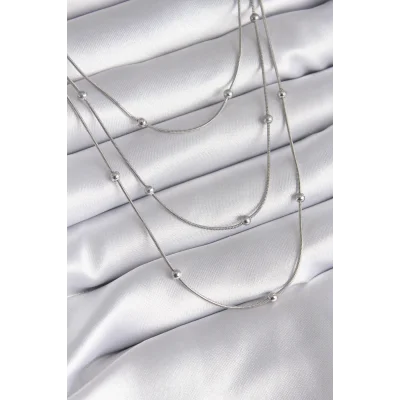 BUĞZ 316L Çelik Gümüş Renk 3lü Topçuk Detay Kadın Kolye