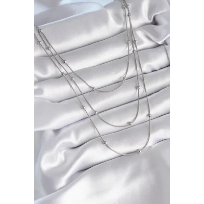 BUĞZ 316L Çelik Gümüş Renk 3lü Topçuk Detay Kadın Kolye - Lisinya