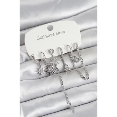 BUĞZ 316L Çelik Gümüş Renk 6lı Set Charmlı Kadın Küpe