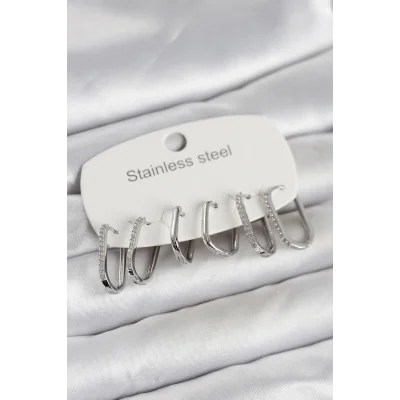 BUĞZ 316L Çelik Gümüş Renk 6lı Set Geometrik Model Kadın Küpe