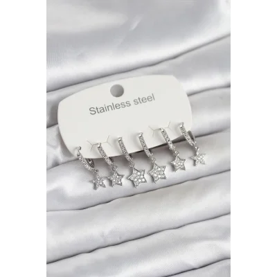 BUĞZ 316L Çelik Gümüş Renk 6lı Set Yıldız Model Kadın Küpe