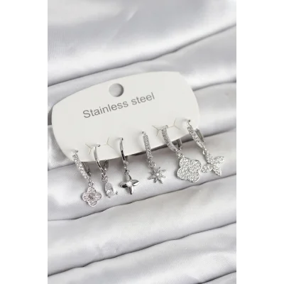 BUĞZ 316L Çelik Gümüş Renk 6lı Set Yonca Model Kadın Küpe