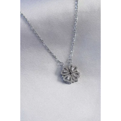 BUĞZ 316L Çelik Gümüş Renk Açılır Yonca Model Kadın Kolye