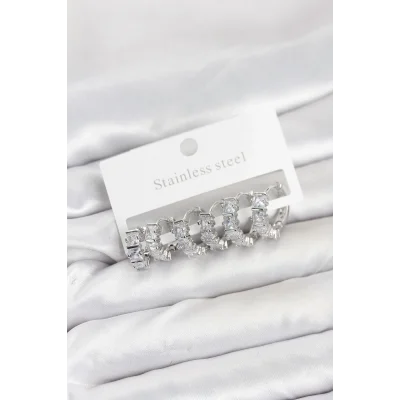 BUĞZ 316L Çelik Gümüş Renk Baget Zirkon Taşlı Halka Küpe Seti