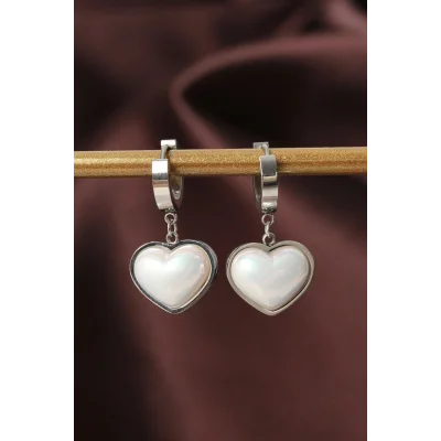 BUĞZ 316L Çelik Gümüş Renk Beyaz Bombeli Kalp Küpe