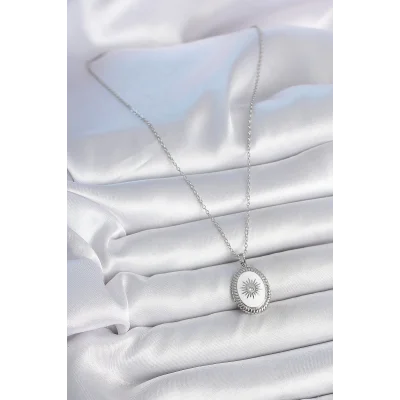 BUĞZ 316L Çelik Gümüş Renk Beyaz Mineli Güneş İşlemeli Nazar Boncuk Detay Madalyon Model Kadın Kolye - Lisinya