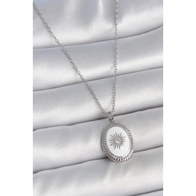 BUĞZ 316L Çelik Gümüş Renk Beyaz Mineli Güneş İşlemeli Nazar Boncuk Detay Madalyon Model Kadın Kolye