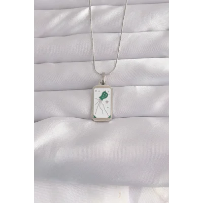 BUĞZ 316L Çelik Gümüş Renk Beyaz Mineli Tarot Kolye