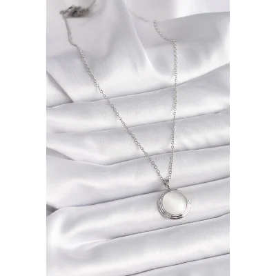 BUĞZ 316L Çelik Gümüş Renk Beyaz Sedefli Daire Model Kadın Kolye - Lisinya
