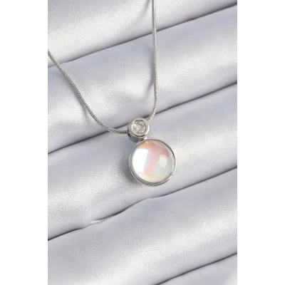 BUĞZ 316L Çelik Gümüş Renk Beyaz Sedefli Vintage Model Kadın Kolye