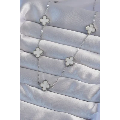 BUĞZ 316L Çelik Gümüş Renk Beyaz Sedefli Yonca Kolye