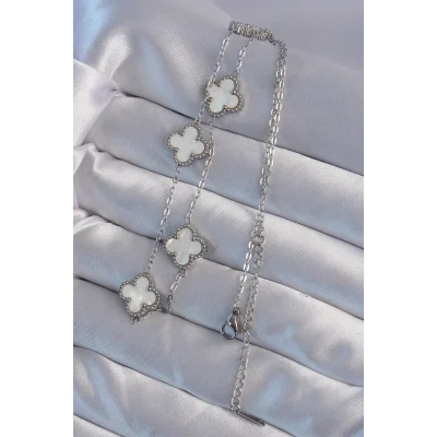 BUĞZ 316L Çelik Gümüş Renk Beyaz Sedefli Yonca Kolye - Lisinya