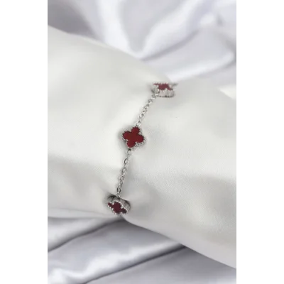 BUĞZ 316L Çelik Gümüş Renk Bordo Baby Boy Yonca Kadın Bileklik