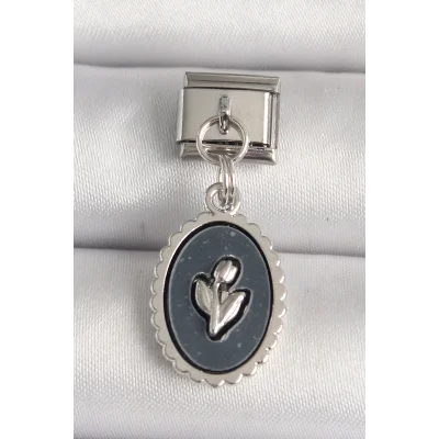 BUĞZ 316L Çelik Gümüş Renk Çiçek İşlemeli Siyah Portre Model Nomination Charm