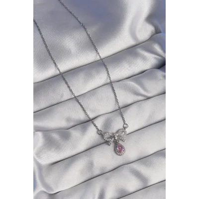 BUĞZ 316L Çelik Gümüş Renk Fiyonk Detay Pembe Zirkon Taşlı Damla Kolye - Lisinya