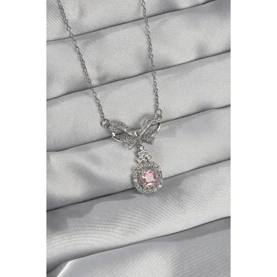 BUĞZ 316L Çelik Gümüş Renk Fiyonk Detay Pembe Zirkon Taşlı Tektaş Kolye