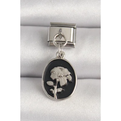 BUĞZ 316L Çelik Gümüş Renk Gümüş Çiçek İşlemeli Siyah Portre Model Nomination Charm