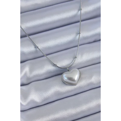 BUĞZ 316L Çelik Gümüş Renk İncili Kalp Model Minimal Top Detay Kadın Kolye