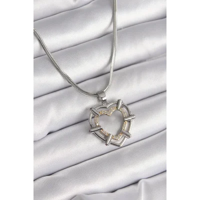 BUĞZ 316L Çelik Gümüş Renk İtalyan Zincir Mix Renk Zirkon Taş Detay Kalp Model Kadın Kolye