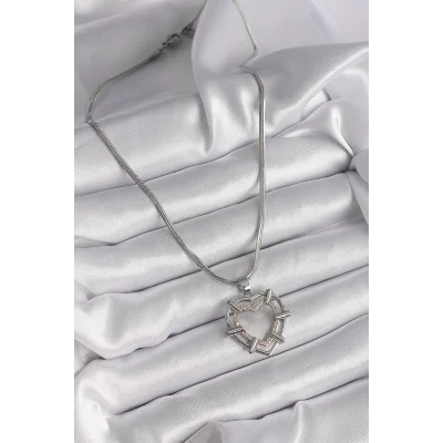 BUĞZ 316L Çelik Gümüş Renk İtalyan Zincir Mix Renk Zirkon Taş Detay Kalp Model Kadın Kolye - BUĞZ