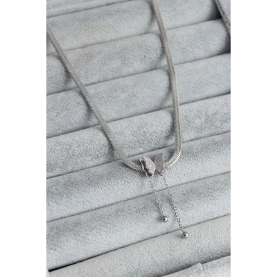 BUĞZ 316L Çelik Gümüş Renk İtalyan Zincir Model Simli Kelebek Figür Kadın Kolye