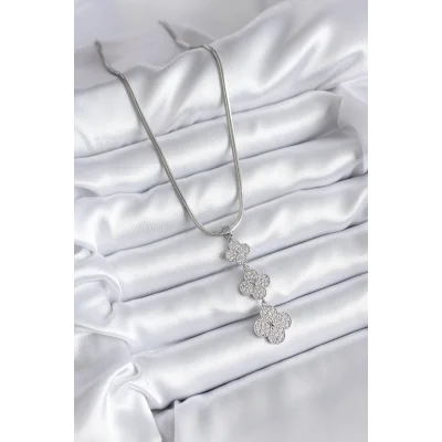 BUĞZ 316L Çelik Gümüş Renk İtalyan Zincir Zirkon Taşı Yonca Model Kadın Kolye - Lisinya
