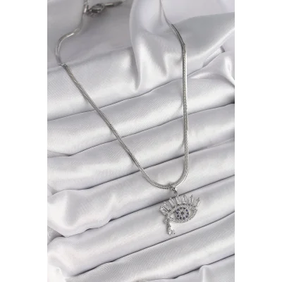 BUĞZ 316L Çelik Gümüş Renk İtalyan Zincir Zirkon Taşlı Göz Model Kadın Kolye - BUĞZ