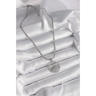 BUĞZ 316L Çelik Gümüş Renk İtalyan Zincir Zirkon Taşlı Göz Model Kadın Kolye - BUĞZ