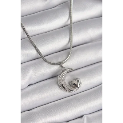 BUĞZ 316L Çelik Gümüş Renk İtalyan Zincir Zirkon Taşlı Halil Figür Kalp Detay Kadın Kolye